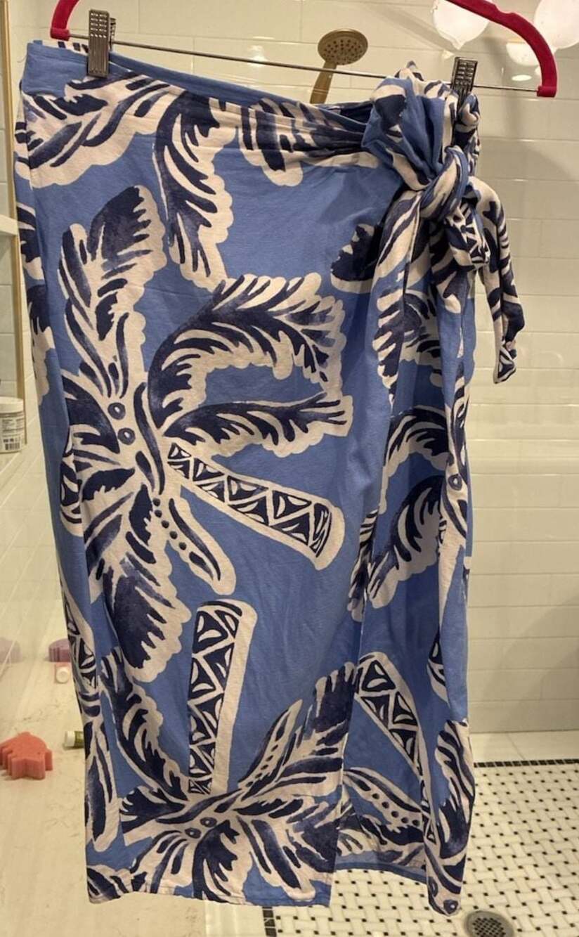 H&M Blue and White Palm Leaf Print Linen Blend Wrap Skirt with Side Tie
